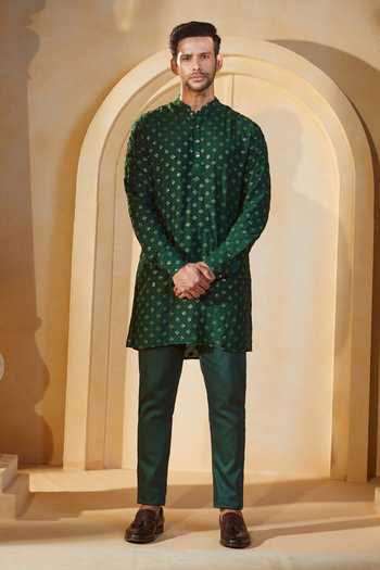SPRING BREAK X AZA_Emerald Green Cotton Sequins, Embroidery Geometric Kurta Set _Online_at_Aza_Fashions