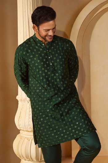 SPRING BREAK X AZA_Emerald Green Cotton Sequins, Embroidery Geometric Kurta Set _at_Aza_Fashions