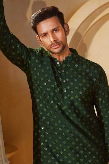 SPRING BREAK X AZA_Emerald Green Cotton Sequins, Embroidery Geometric Kurta Set _Online