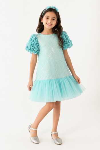 Buy_A Little Fable_Aqua Polyester Mermaid Sparkle Dress _at_Aza_Fashions