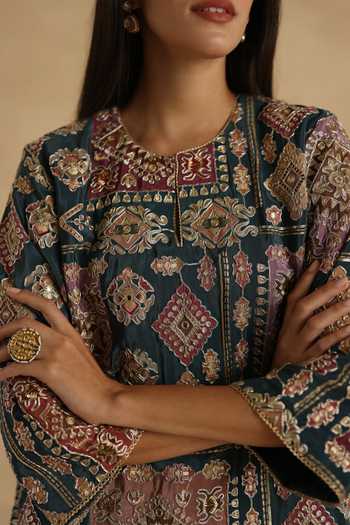 Shop_Begum_Blue Silk Mandarin Collar Manik Kurta And Pant Set _Online