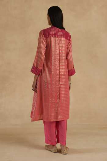 Shop_Begum_Pink Silk, Tissue, Organza Mandarin Collar Aalam Kurta Pant Set _at_Aza_Fashions