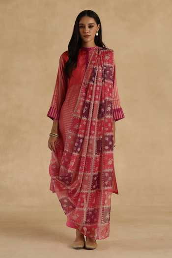 Begum_Pink Silk, Tissue, Organza Mandarin Collar Aalam Kurta Pant Set _Online_at_Aza_Fashions