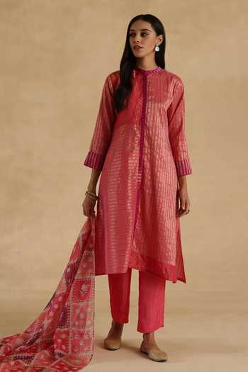 Shop_Begum_Pink Silk, Tissue, Organza Mandarin Collar Aalam Kurta Pant Set _Online_at_Aza_Fashions