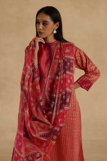 Begum_Pink Silk, Tissue, Organza Mandarin Collar Aalam Kurta Pant Set _at_Aza_Fashions