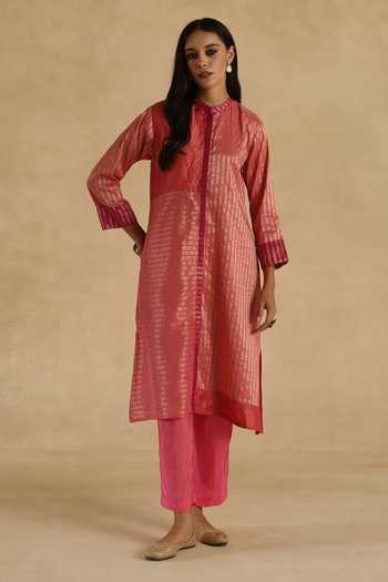 Shop_Begum_Pink Silk, Tissue, Organza Mandarin Collar Aalam Kurta Pant Set 