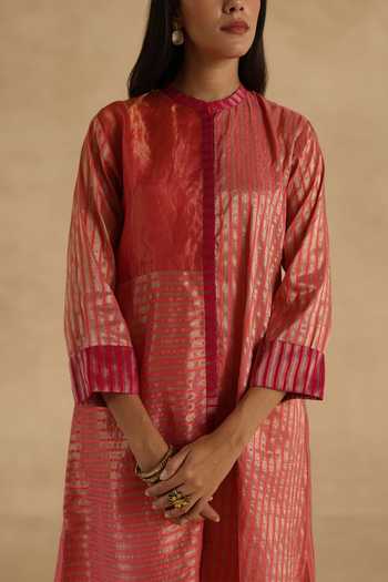 Begum_Pink Silk, Tissue, Organza Mandarin Collar Aalam Kurta Pant Set _Online