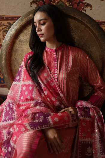 Begum_Pink Silk, Tissue, Organza Mandarin Collar Aalam Kurta Pant Set 