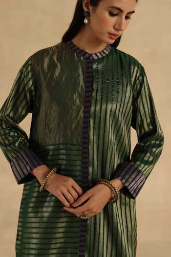 Begum_Green Silk, Tissue, Organza Mandarin Collar, Yes Aalam Kurta Pant Set _Online