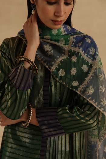 Shop_Begum_Green Silk, Tissue, Organza Mandarin Collar, Yes Aalam Kurta Pant Set _Online
