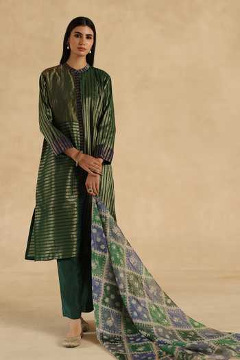 Begum_Green Silk, Tissue, Organza Mandarin Collar, Yes Aalam Kurta Pant Set 