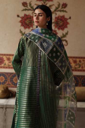 Begum_Green Silk, Tissue, Organza Mandarin Collar, Yes Aalam Kurta Pant Set 