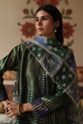 Begum_Green Silk, Tissue, Organza Mandarin Collar, Yes Aalam Kurta Pant Set 
