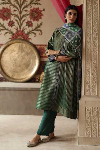 Begum_Green Silk, Tissue, Organza Mandarin Collar, Yes Aalam Kurta Pant Set 