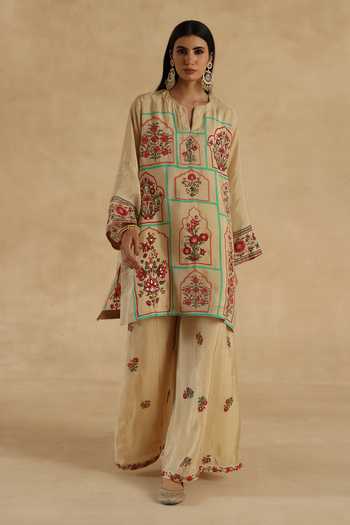 Begum_Red Silk Embroidery, Zari, Gota Patti Mandarin Collar, Lila Kurta Sharara Set _Online_at_Aza_Fashions