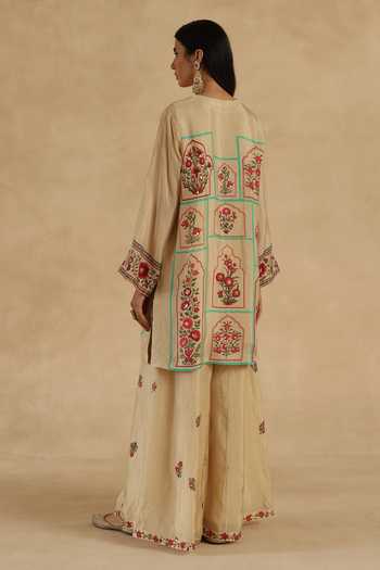 Shop_Begum_Red Silk Embroidery, Zari, Gota Patti Mandarin Collar, Lila Kurta Sharara Set _at_Aza_Fashions
