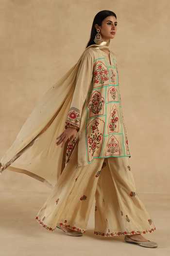 Shop_Begum_Red Silk Embroidery, Zari, Gota Patti Mandarin Collar, Lila Kurta Sharara Set _Online_at_Aza_Fashions