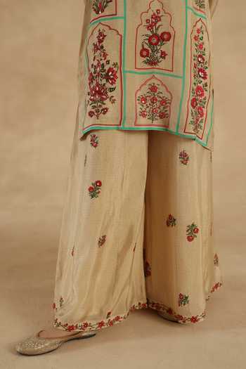 Shop_Begum_Red Silk Embroidery, Zari, Gota Patti Mandarin Collar, Lila Kurta Sharara Set 
