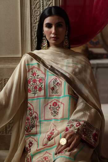 Shop_Begum_Red Silk Embroidery, Zari, Gota Patti Mandarin Collar, Lila Kurta Sharara Set _Online