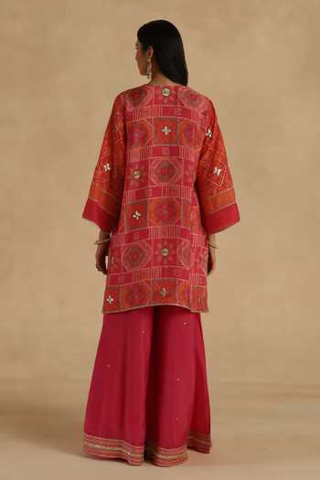 Shop_Begum_Pink Silk V-neck Kutch Kurta Sharara Set _at_Aza_Fashions