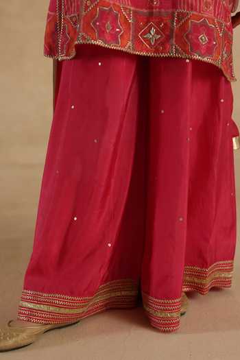 Begum_Pink Silk V-neck Kutch Kurta Sharara Set _at_Aza_Fashions