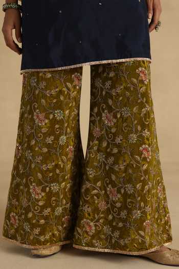 Begum_Blue Silk, Organza Round Neck Sawai Kurta Pant Set _Online
