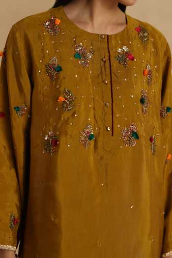 Begum_Mustard Silk, Organza Round Neck Sawai Kurta Pant Set _Online