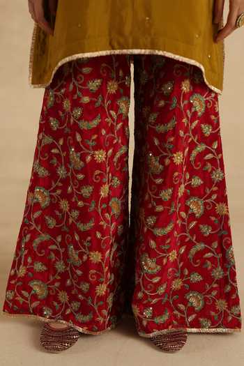 Buy_Begum_Mustard Silk, Organza Round Neck Sawai Kurta Pant Set _Online