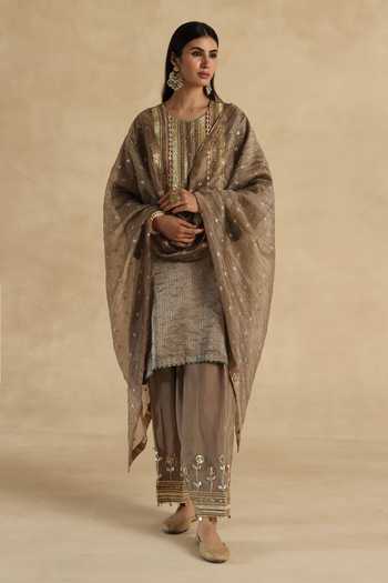 Begum_Grey Silk, Tissue Round Neck Bindiya Kurta Pant Set _Online_at_Aza_Fashions