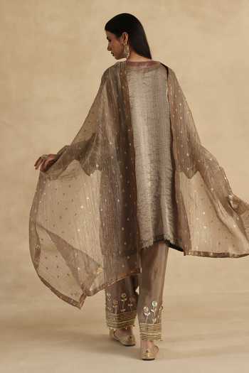 Shop_Begum_Grey Silk, Tissue Round Neck Bindiya Kurta Pant Set _at_Aza_Fashions