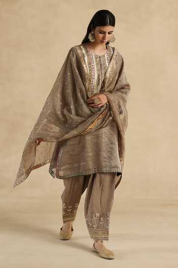 Shop_Begum_Grey Silk, Tissue Round Neck Bindiya Kurta Pant Set 