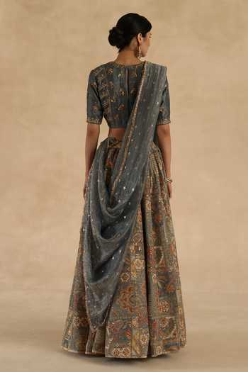 Shop_Begum_Grey Silk, Tissue Round Neck Kangna Lehenga Blouse Set _at_Aza_Fashions