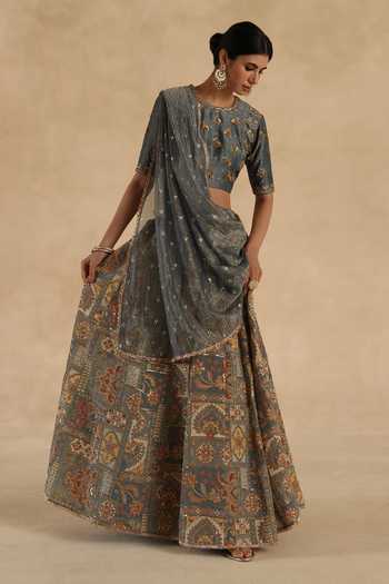 Begum_Grey Silk, Tissue Round Neck Kangna Lehenga Blouse Set _at_Aza_Fashions