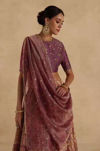 Buy_Begum_Purple Silk Round Neck Kangna Lehenga Set _Online_at_Aza_Fashions