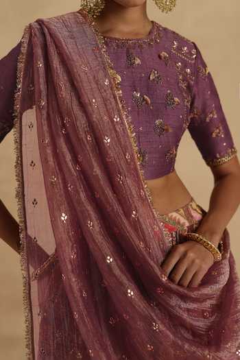 Begum_Purple Silk Round Neck Kangna Lehenga Set _Online