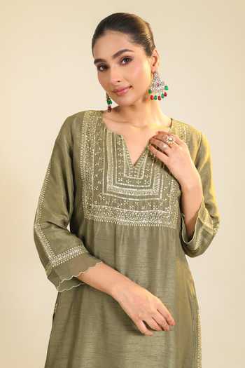 Roohbyridhimaa_Olive Green Silk, Organza, Viscose Split Sage Mughal Embroidered Kurta Set _Online