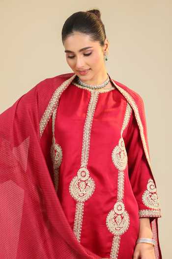 Roohbyridhimaa_Red Chanderi, Silk Satin Sequins, Zari Zainaa Embroidered Kurta Palazzo Set _Online