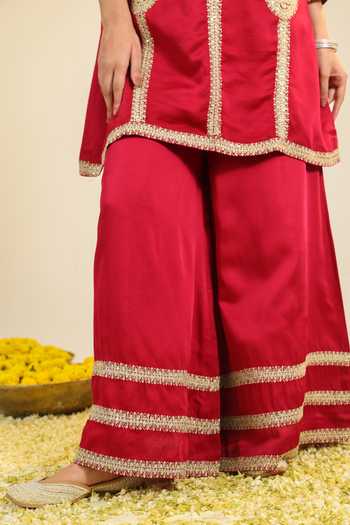 Buy_Roohbyridhimaa_Red Chanderi, Silk Satin Sequins, Zari Zainaa Embroidered Kurta Palazzo Set _Online