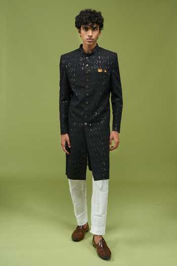 Arihant Rai Sinha_Black Silk, Dupion Mens Pattern Pcs Achkan And Pant Set _at_Aza_Fashions