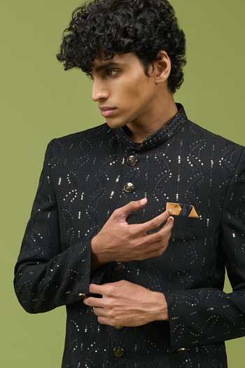Buy_Arihant Rai Sinha_Black Silk, Dupion Mens Pattern Pcs Achkan And Pant Set 