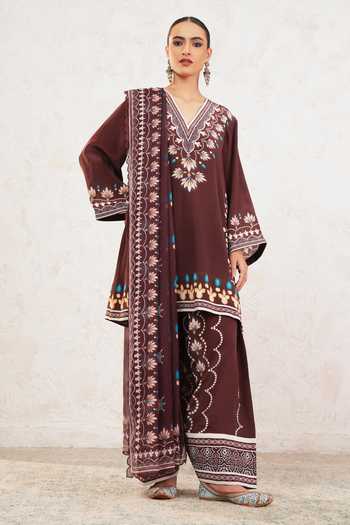 Buy_Miku Kumar_Brown Crepe V-neck Vyona Kurta Farsi Salwar Set _at_Aza_Fashions