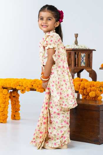 Shop_JILMIL DREAMWEAR_Off White Cotton Floral Print Pre-draped Saree With Blouse _at_Aza_Fashions