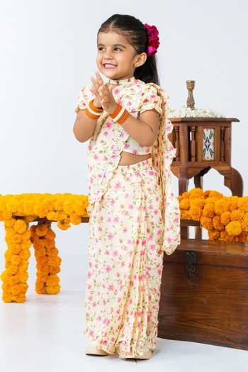 Buy_JILMIL DREAMWEAR_Off White Cotton Floral Print Pre-draped Saree With Blouse _Online_at_Aza_Fashions