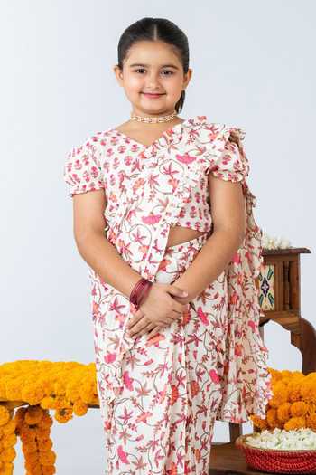 JILMIL DREAMWEAR_White Cotton Floral Print Pre-draped Saree With Blouse _Online_at_Aza_Fashions
