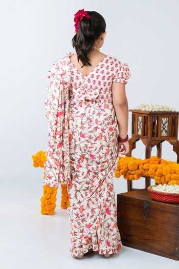 Shop_JILMIL DREAMWEAR_White Cotton Floral Print Pre-draped Saree With Blouse _at_Aza_Fashions
