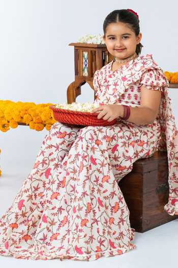Shop_JILMIL DREAMWEAR_White Cotton Floral Print Pre-draped Saree With Blouse _Online_at_Aza_Fashions