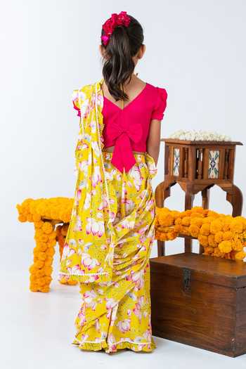 Shop_JILMIL DREAMWEAR_Pink Cotton Floral Print Pre-draped Saree With Blouse _at_Aza_Fashions