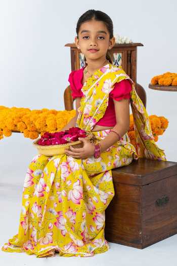 Buy_JILMIL DREAMWEAR_Pink Cotton Floral Print Pre-draped Saree With Blouse _Online_at_Aza_Fashions