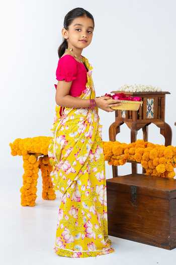 Shop_JILMIL DREAMWEAR_Pink Cotton Floral Print Pre-draped Saree With Blouse _Online_at_Aza_Fashions