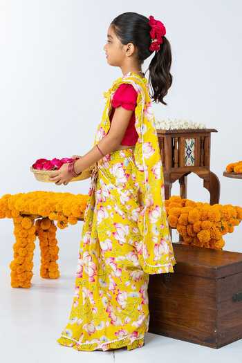 JILMIL DREAMWEAR_Pink Cotton Floral Print Pre-draped Saree With Blouse _at_Aza_Fashions